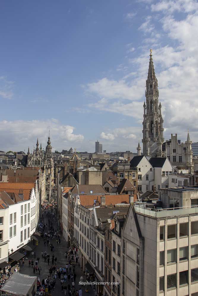 Panoramic rooftop view over Brussels, Belgium, featuring historic Belgian houses, Gothic church towers, and the skyline seen from the Belgian Beer World Experience rooftop.