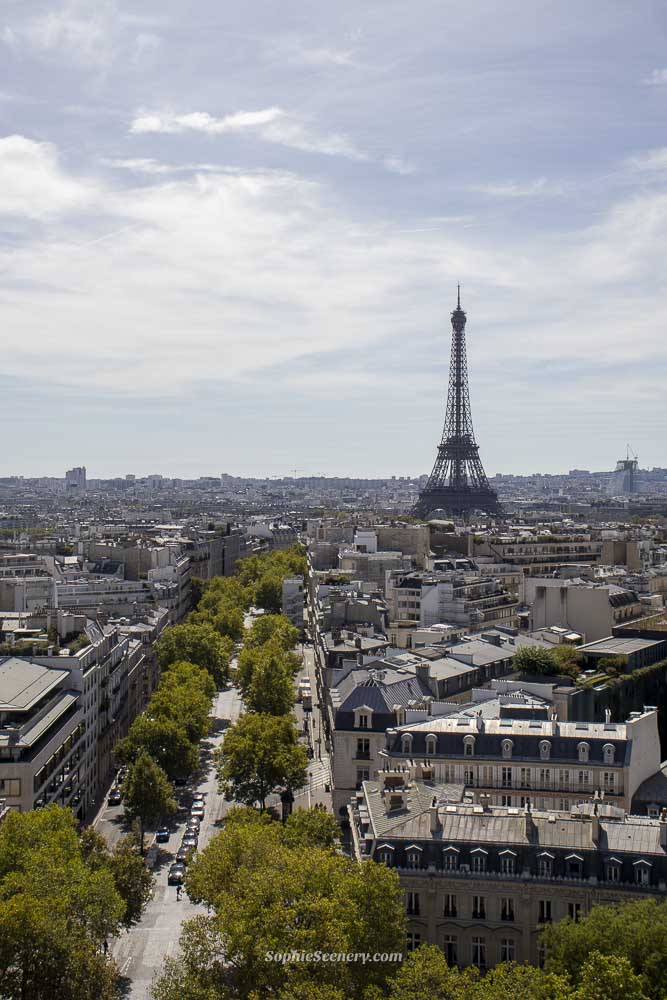 View from the top of the Arc de Triomphe in Paris with the Eiffel Tower visible in the distance, green trees lining the streets, and a bright summer sky.